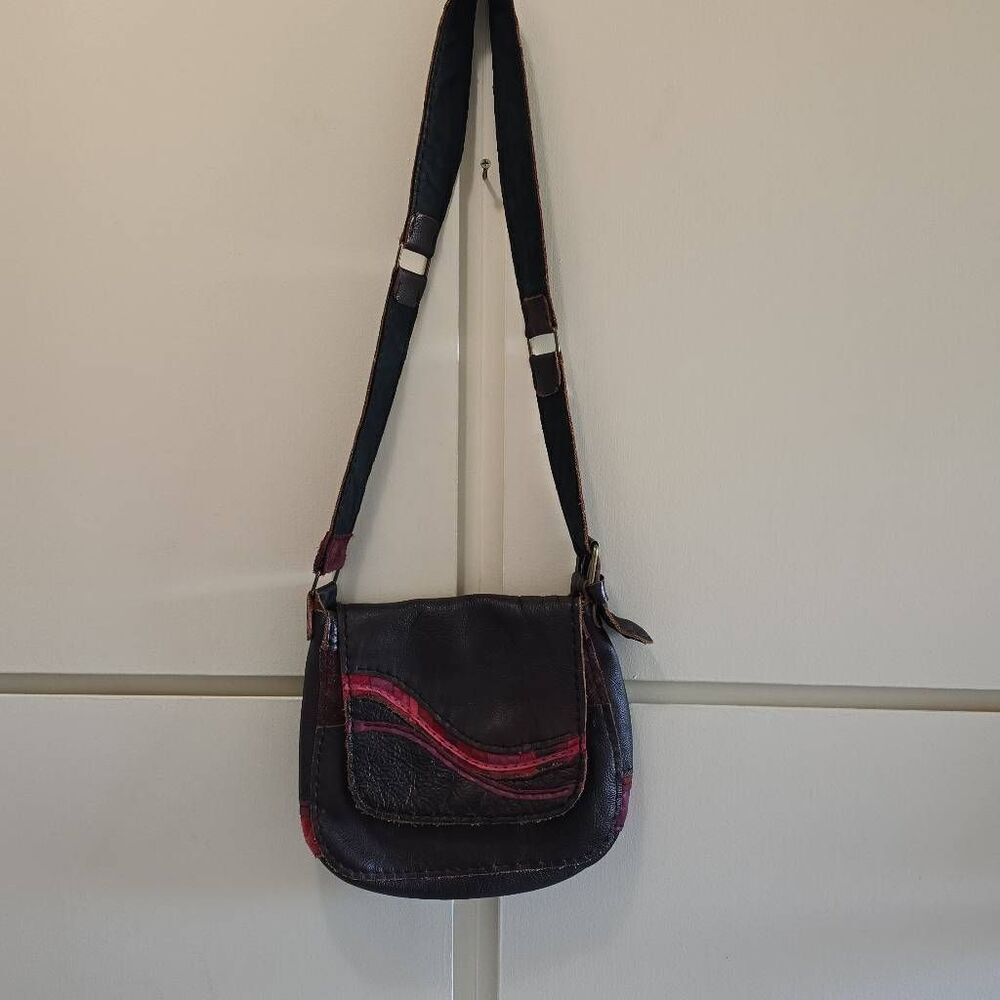 Vintage Dark Brn./Red Pebble Grain Leather Handcrafted Shoulder Bag, EUC, MEDIUM